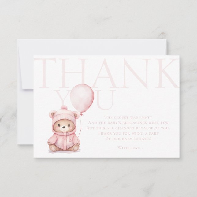 We Can Bearly Wait Pink Bear Baby Shower Thank You Card (Front)