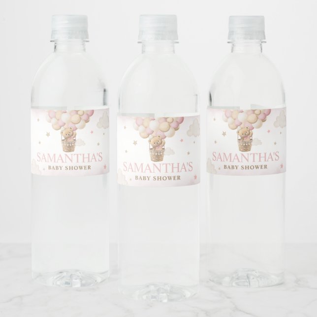 We Can Bearly Wait Pink Bear Baby Shower  Water Bottle Label (Bottles)