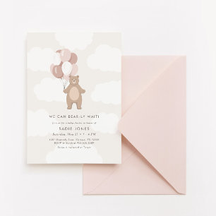 We Can Bearly Wait Pink Bear Balloon Baby Shower Invitation