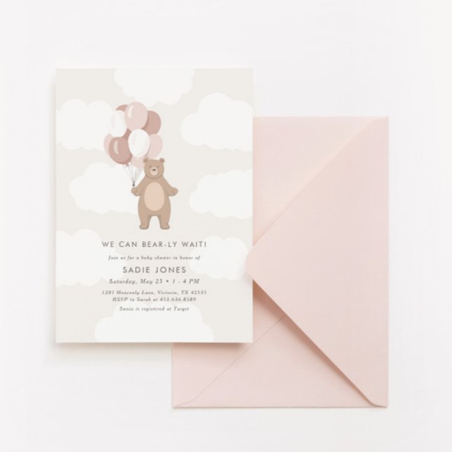 We Can Bearly Wait | Pink Bear Balloon Baby Shower Invitation (Creator Uploaded)
