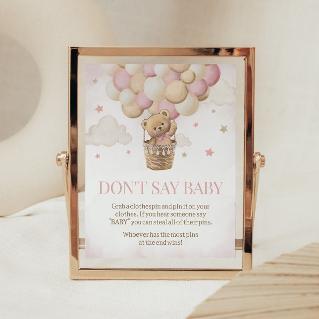 We Can Bearly Wait Pink Bear Don't Say Baby Poster (Girl Teddy Bear Balloon Baby Shower Don't Say Baby Sign)