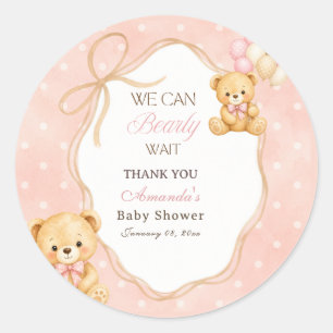 We Can Bearly Wait Pink Bear Girl Baby Shower Classic Round Sticker