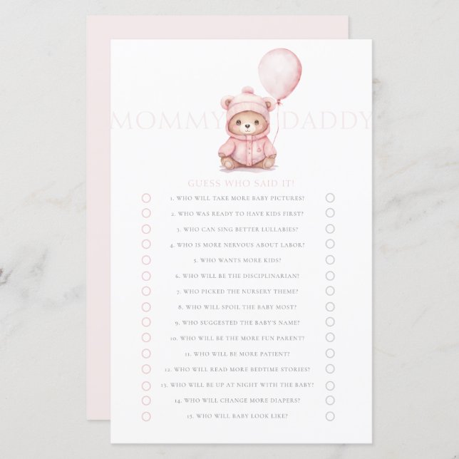 We Can Bearly Wait Pink Bear Girl Baby Shower Game (Front/Back)