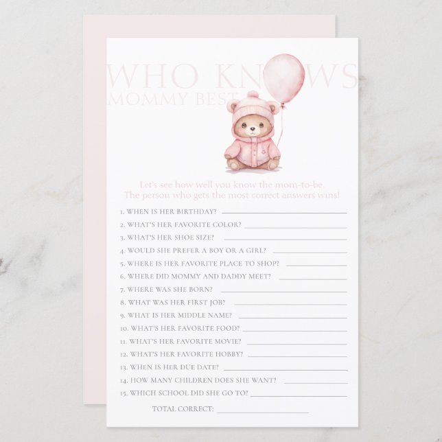 We Can Bearly Wait Pink Bear Girl Baby Shower Game (Front/Back)