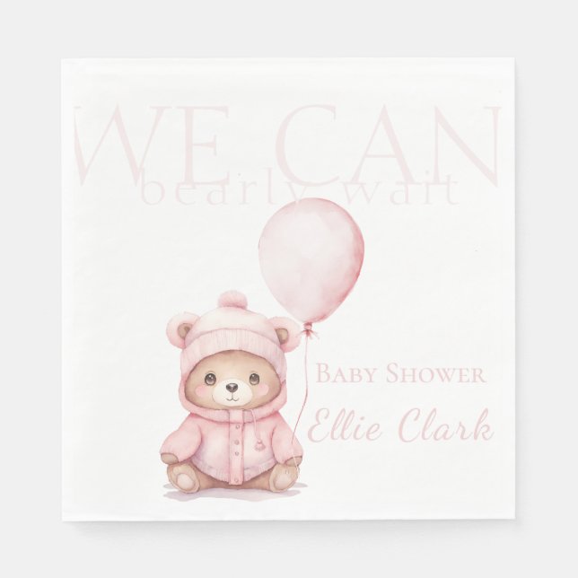 We Can Bearly Wait Pink Bear Girl Baby Shower Napkin (Front)
