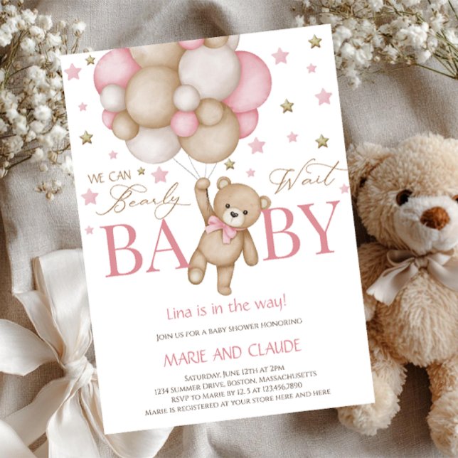 We can Bearly Wait Pink&beige Balloons baby shower Invitation (Creator Uploaded)