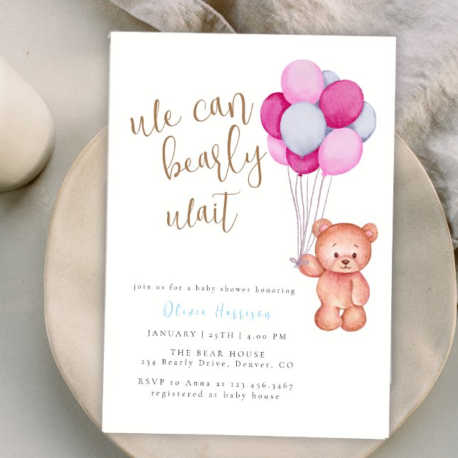 We Can Bearly Wait Pink Blue Balloon Baby Shower Invitation (We Can Bearly Wait Pink Blue Balloon Baby Shower Invitation)