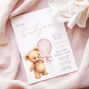 We Can Bearly Wait Pink Bow Balloon Baby Shower Invitation