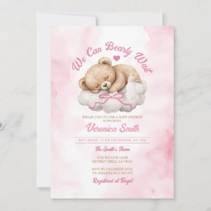 We can bearly wait Pink Bow Bear Girl Baby Shower Invitation