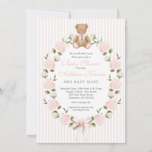 We can bearly wait pink bow Girl Baby Shower Invitation