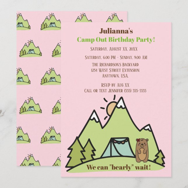 We Can Bearly Wait Pink Camp Out Birthday Party Invitation (Front/Back)