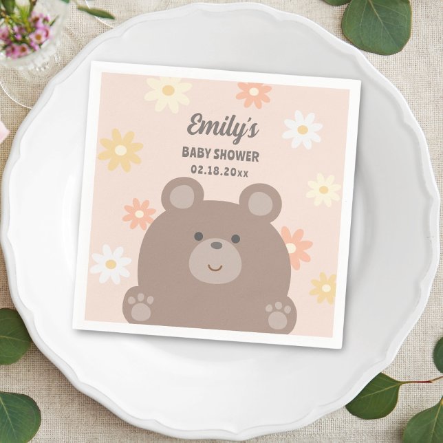 We Can Bearly Wait Pink Daisies Girl Baby Shower Napkin (Creator Uploaded)
