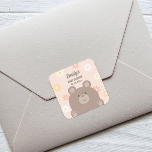 We Can Bearly Wait Pink Daisies Girl Baby Shower Square Sticker
