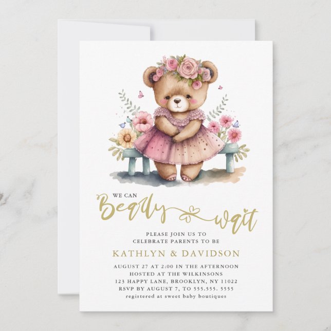 We Can Bearly Wait Pink Floral Girl Baby Shower Invitation (Front)