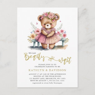 We Can Bearly Wait Pink Floral Girl Baby Shower Invitation Postcard