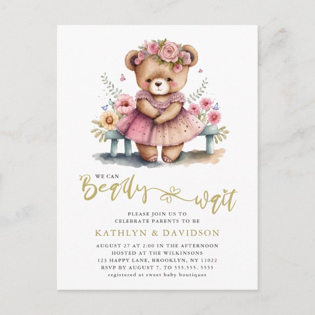 We Can Bearly Wait Pink Floral Girl Baby Shower Invitation Postcard (Front)
