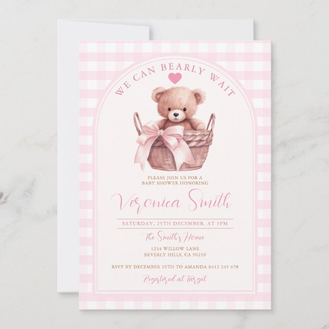 We can bearly wait Pink Gingham Bear Baby Shower Invitation (Front)