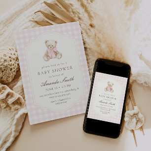 We Can Bearly Wait Pink Gingham Teddy Bear Baby Invitation