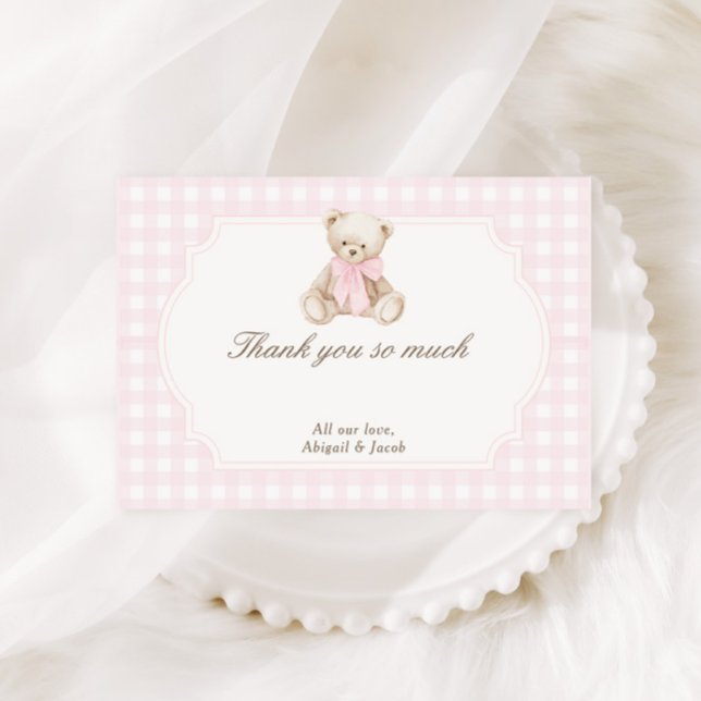 We Can Bearly Wait Pink Gingham Teddy Bear Baby Thank You Card (Creator Uploaded)
