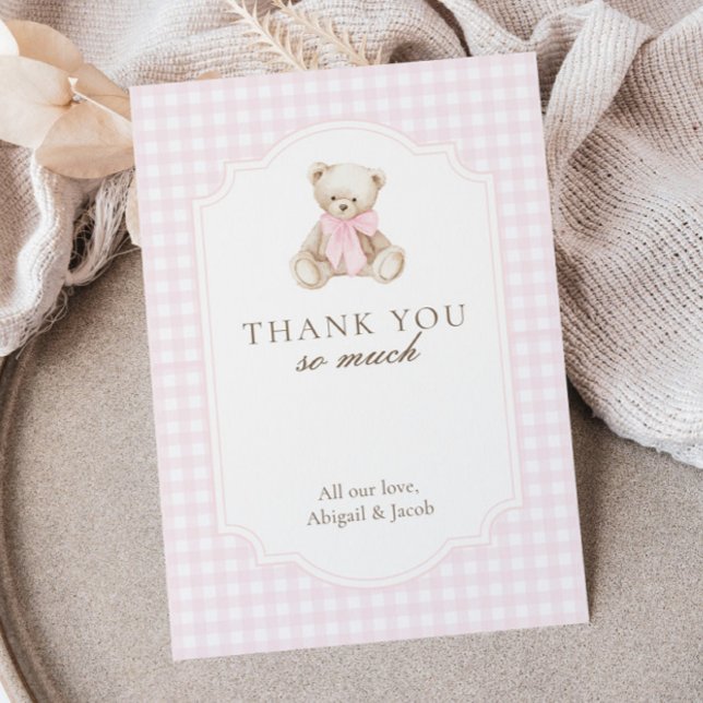 We Can Bearly Wait Pink Gingham Teddy Bear Baby Thank You Card (Creator Uploaded)