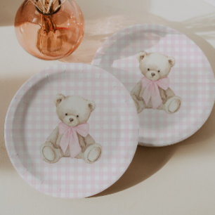 We Can Bearly Wait Pink Gingham Teddy Bear Paper Plate