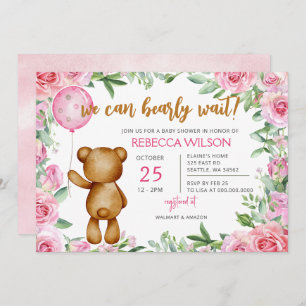 We Can Bearly Wait Pink Girl Baby Shower Invitation
