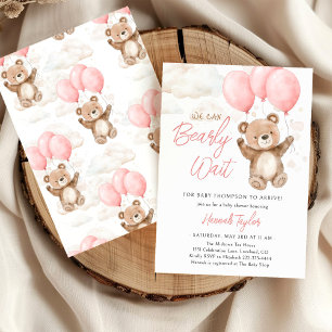We Can Bearly Wait Pink Girl Baby Shower Invitation