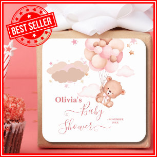 We Can Bearly Wait Pink Girl Baby Shower Square Sticker