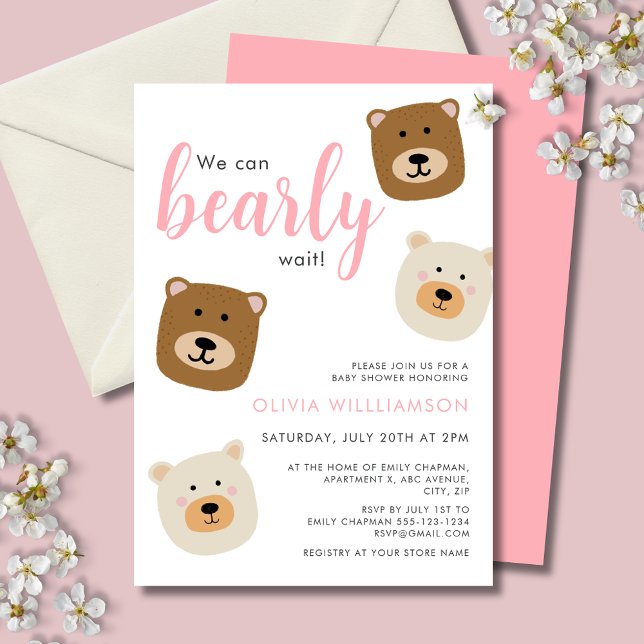 We Can Bearly Wait Pink Girls Baby Shower Invitation (We can bearly wait, cute teddy bear baby shower invitation with girl text for baby girl.)