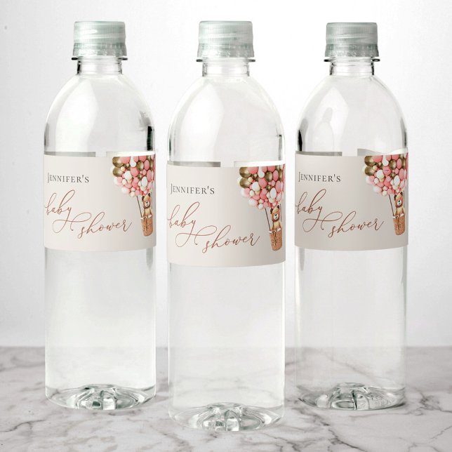 We Can Bearly Wait! Pink Gold Baby Shower Water Bottle Label (Creator Uploaded)