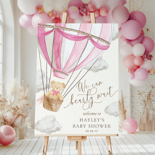 We Can Bearly Wait Pink Hot Air Ballon Baby Shower Poster