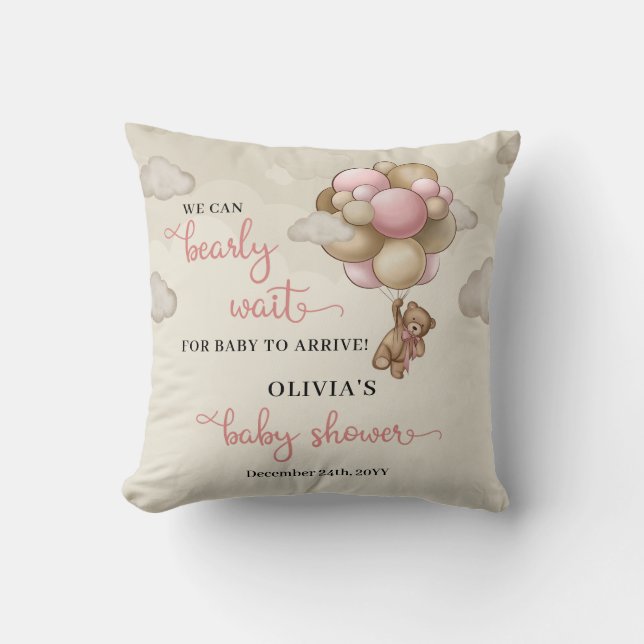 We can bearly wait pink ivory brown balloons girl cushion (Front)