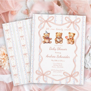We Can Bearly Wait Pink Lace Ribbon Baby Shower Invitation