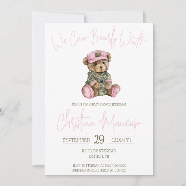 We Can Bearly Wait! Pink Military Bear Baby Shower Invitation (Front)