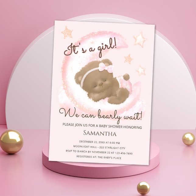 We Can Bearly Wait Pink Moon Baby Shower Girl Invitation (Creator Uploaded)