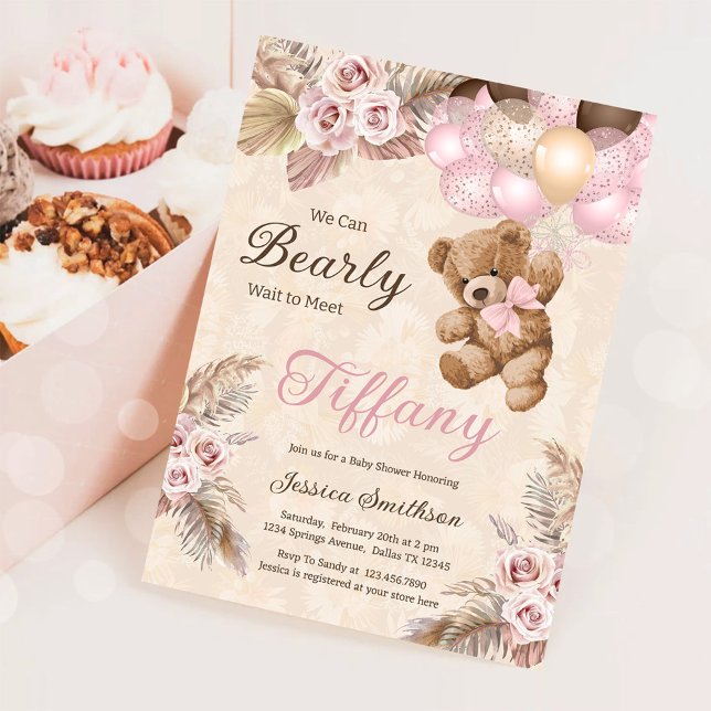 We Can Bearly Wait Pink Pampas Grass Baby Shower Invitation (Creator Uploaded)
