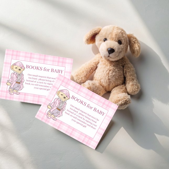 We can bearly wait pink plaid book request enclosure card (We can bearly wait pink plaid teddy bear girls baby shower book request enclosure cards)
