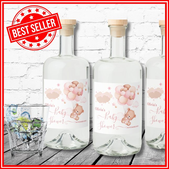 We Can Bearly Wait Pink Pooh Bear Baby Shower Liquor Bottle Label (Creator Uploaded)