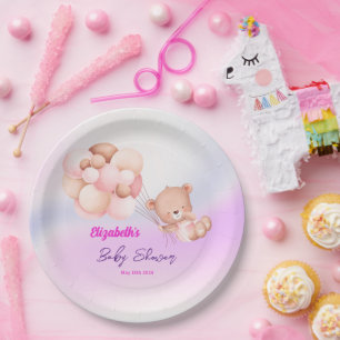 We Can Bearly Wait Pink Purple Girl Baby Shower Paper Plate