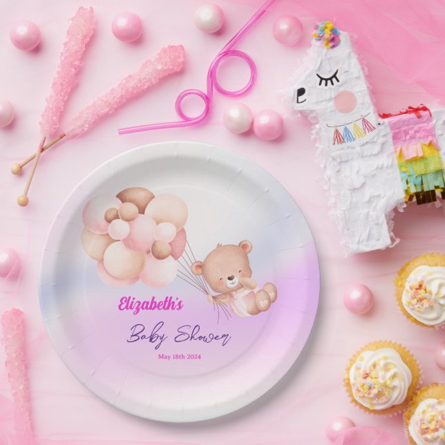 We Can Bearly Wait Pink Purple Girl Baby Shower Paper Plate (Party)