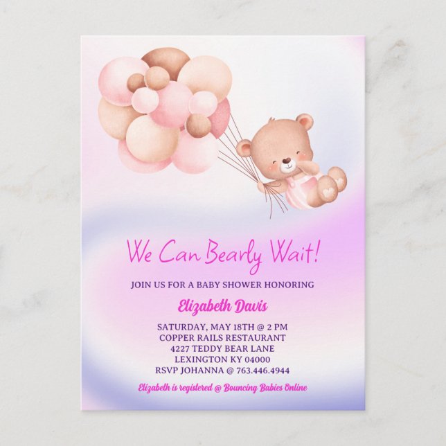 We Can Bearly Wait Pink Purple Girl Baby Shower Postcard (Front)