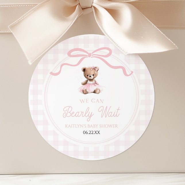 We Can Bearly Wait Pink Teddy Bear Baby Shower Classic Round Sticker (Creator Uploaded)