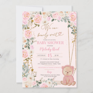 We Can Bearly Wait Pink Teddy Bear Baby Shower Inv Invitation