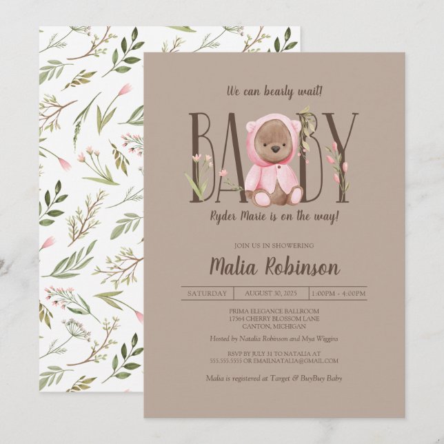 We Can Bearly Wait! Pink Teddy Bear Baby Shower Invitation (Front/Back)