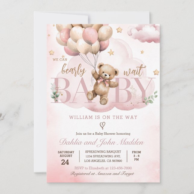 We Can Bearly Wait Pink Teddy Bear Baby Shower Invitation (Front)