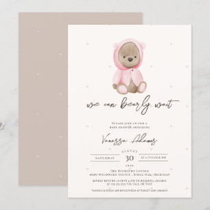 We Can Bearly Wait, Pink Teddy Bear Baby Shower Invitation