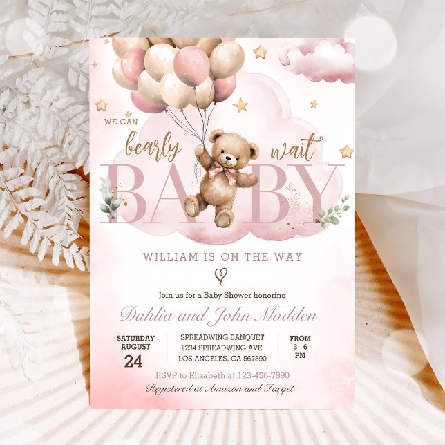 We Can Bearly Wait Pink Teddy Bear Baby Shower Invitation (Creator Uploaded)
