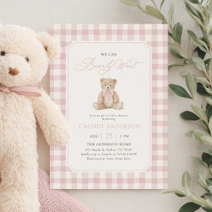 We Can Bearly Wait Pink Teddy Bear Baby Shower Invitation