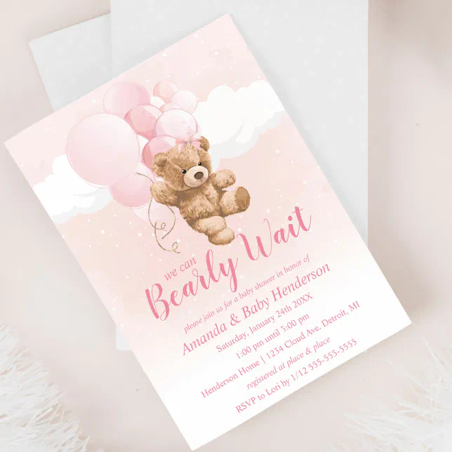 We can Bearly Wait Pink Teddy Bear Baby Shower Invitation | Zazzle