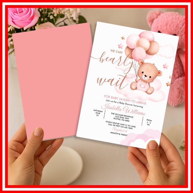 We Can Bearly Wait Pink Teddy Bear Baby Shower Invitation (Creator Uploaded)
